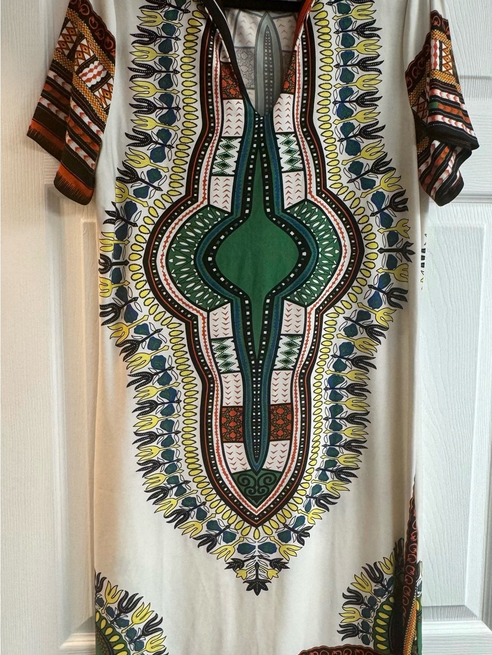 Ashley Stewart Cream Midi Dress with Green, Yellow & Blue Print Womens 14/16